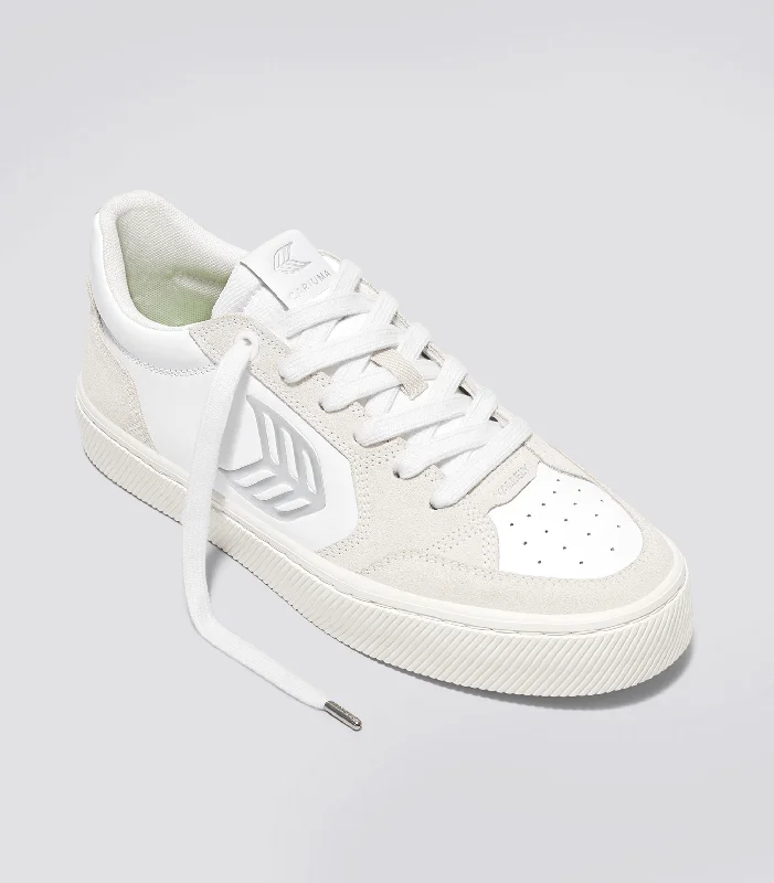 VALLELY White Leather Smoke White Suede Silver Logo Sneaker Women